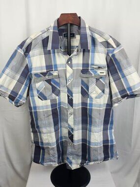 7 Diamonds Pearl Snap Shirt XXL Blue Plaid 100% Cotton Western Style